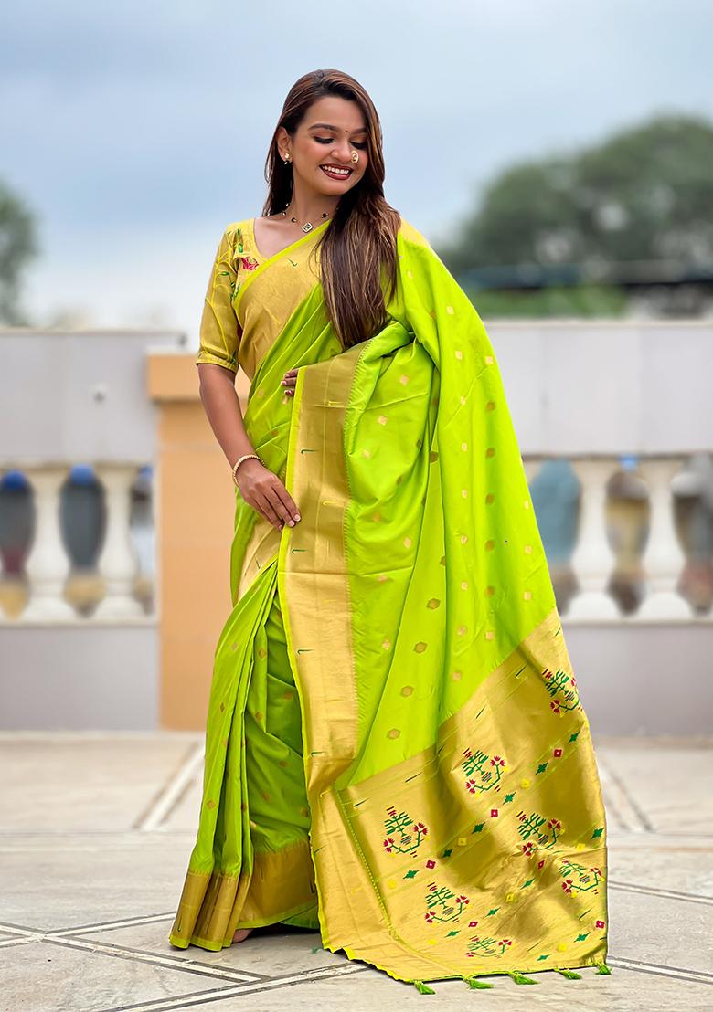Parrot Green Woven Silk Saree Set - Indya