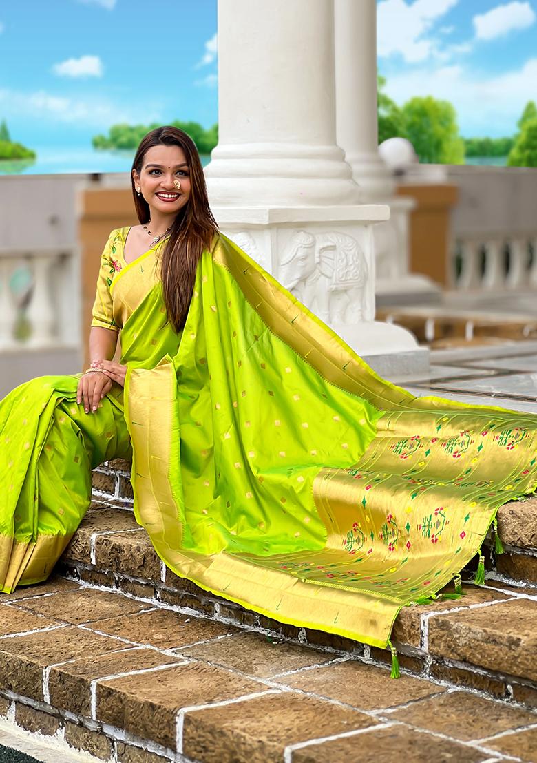 Parrot Green Woven Silk Saree Set - Indya