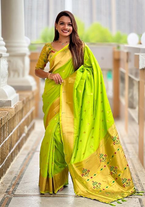 Parrot Green Woven Silk Saree Set