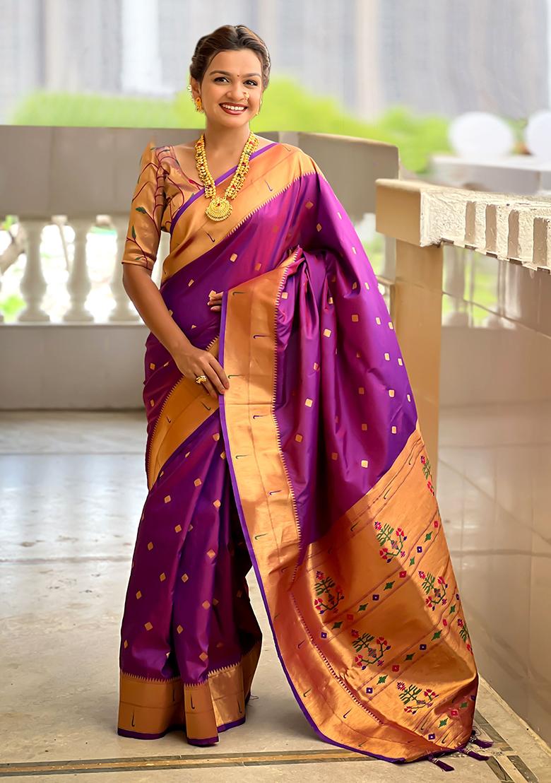 Purple Woven Silk Saree Set - Indya