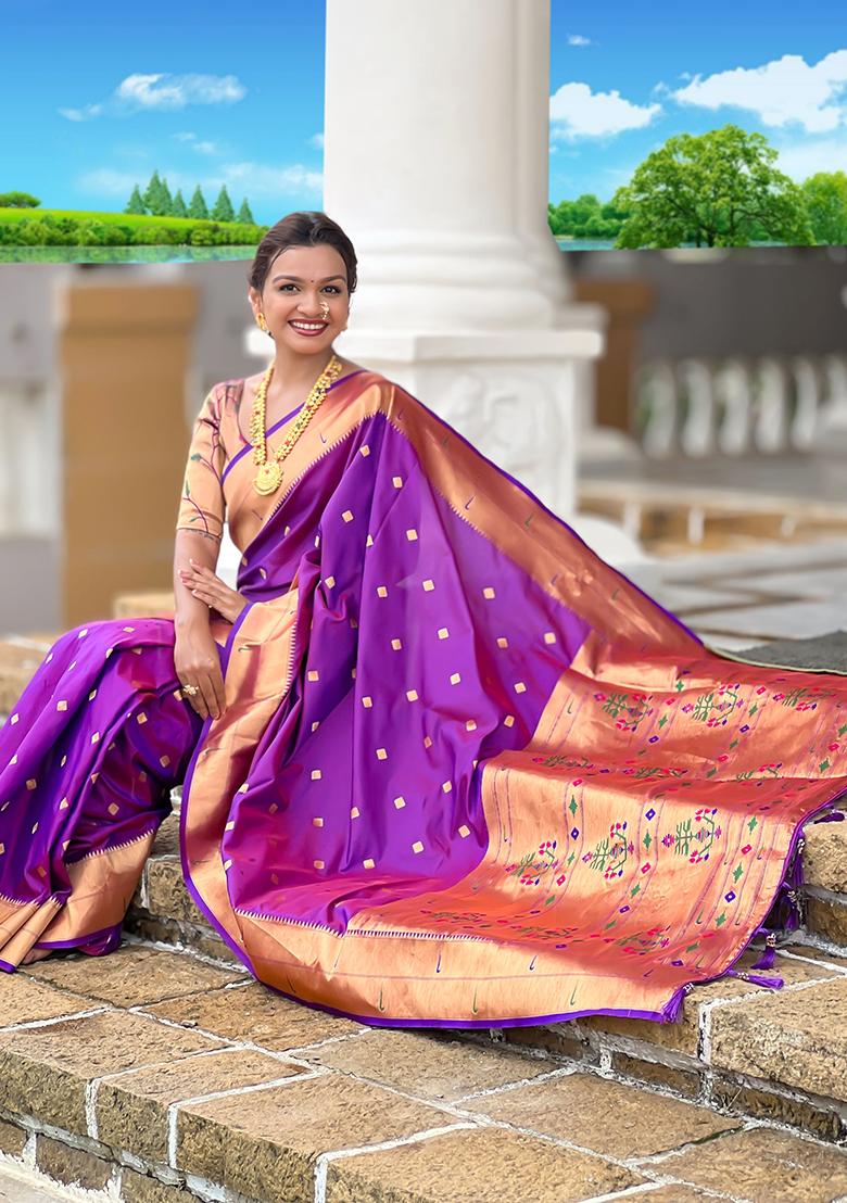 Purple Woven Silk Saree Set - Indya
