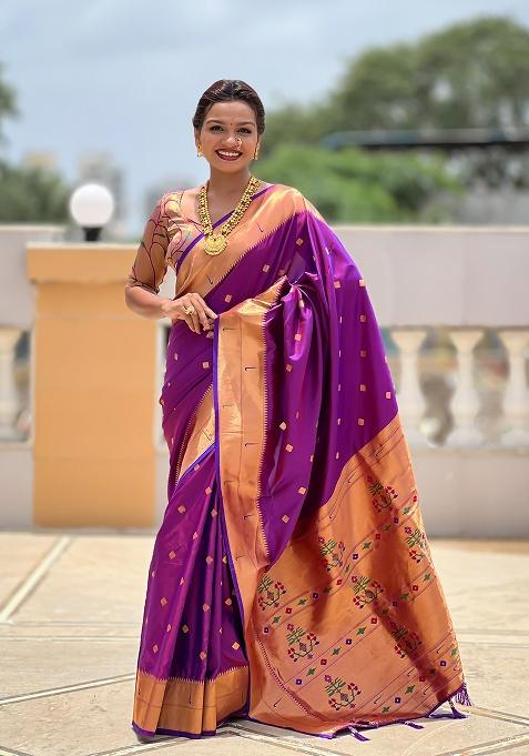 Purple Woven Silk Saree Set