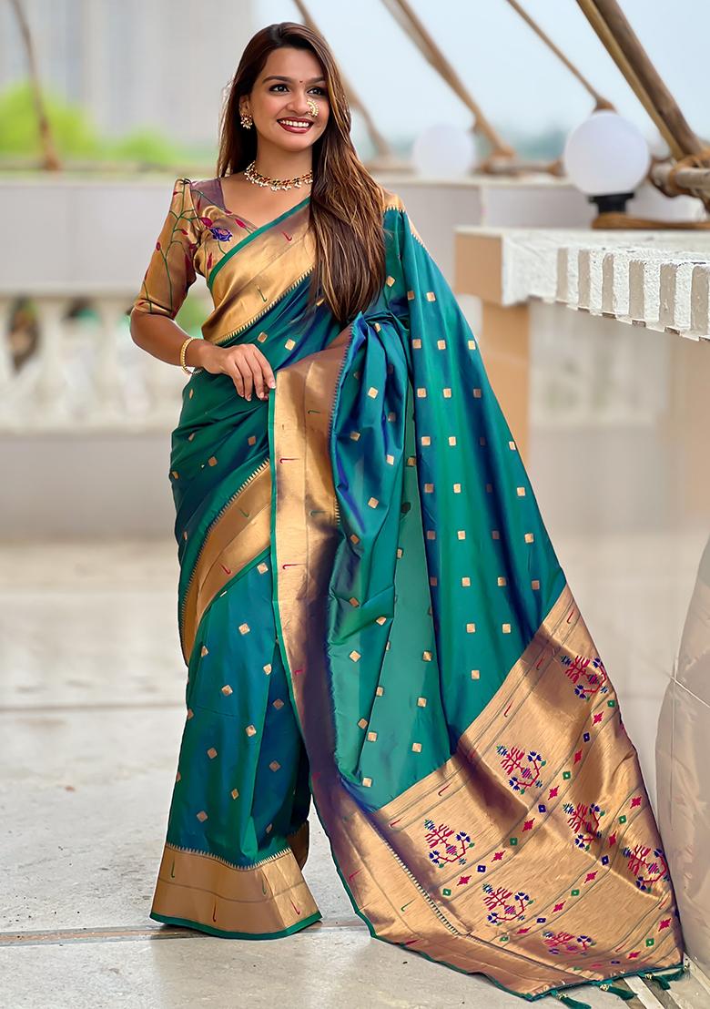Rama Blue Woven Silk Saree Set - Indya