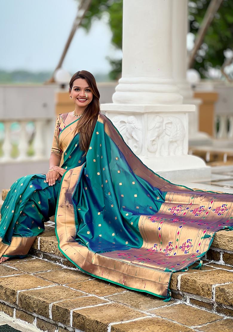 Rama Blue Woven Silk Saree Set - Indya