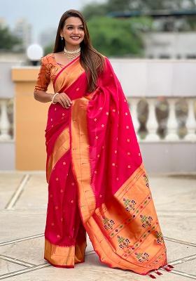 Pink Woven Silk Saree Set