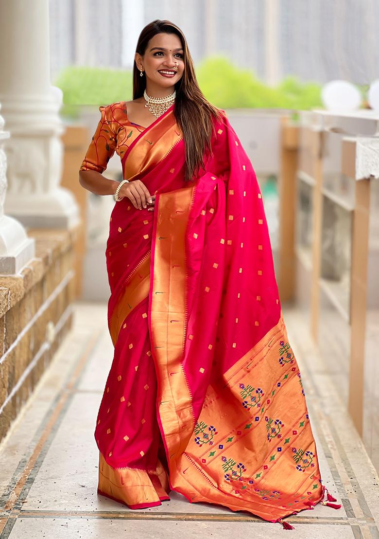 Pink Woven Silk Saree Set - Indya