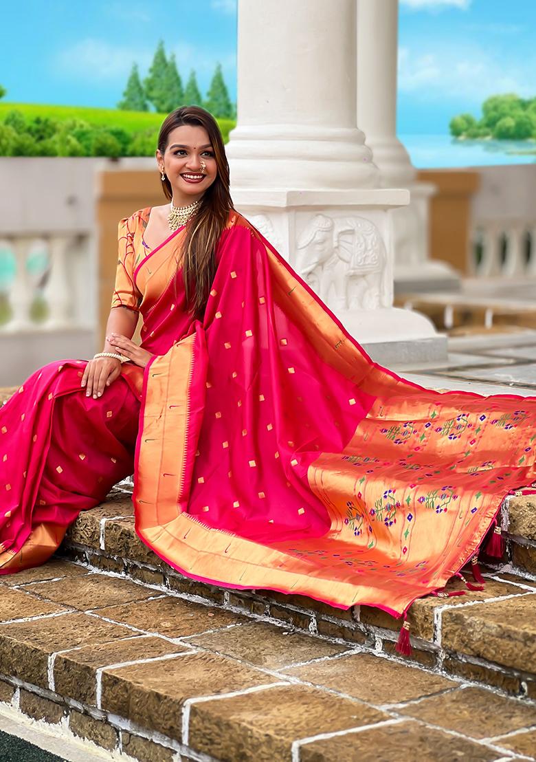 Pink Woven Silk Saree Set - Indya