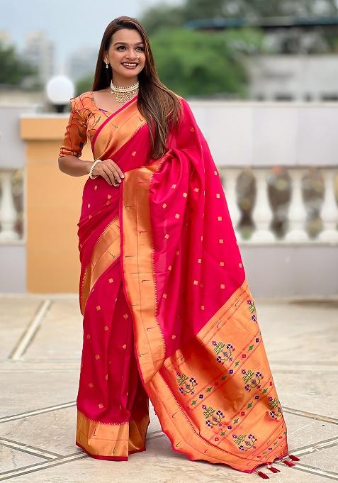 Pink Woven Silk Saree Set