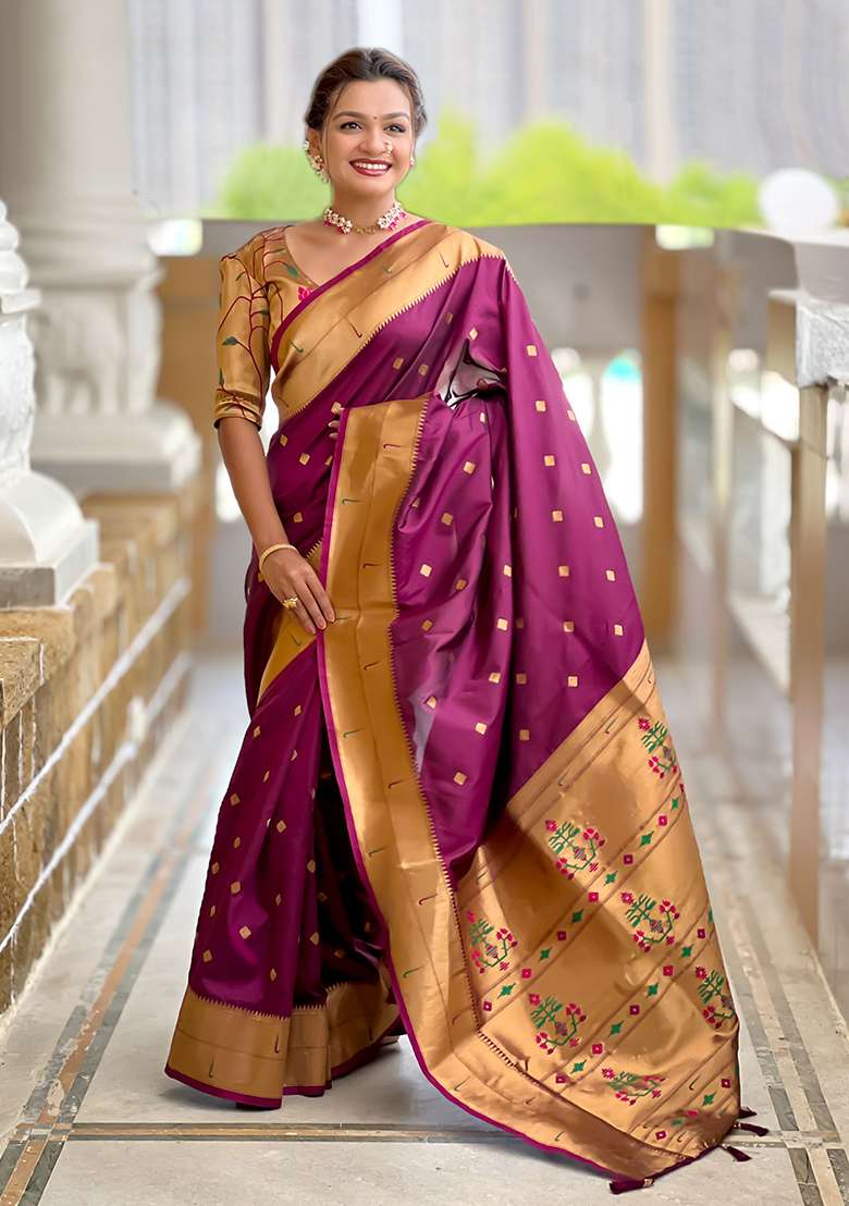 Wine Woven Silk Blend Saree Set for Diwali and Festive Wear - Indya