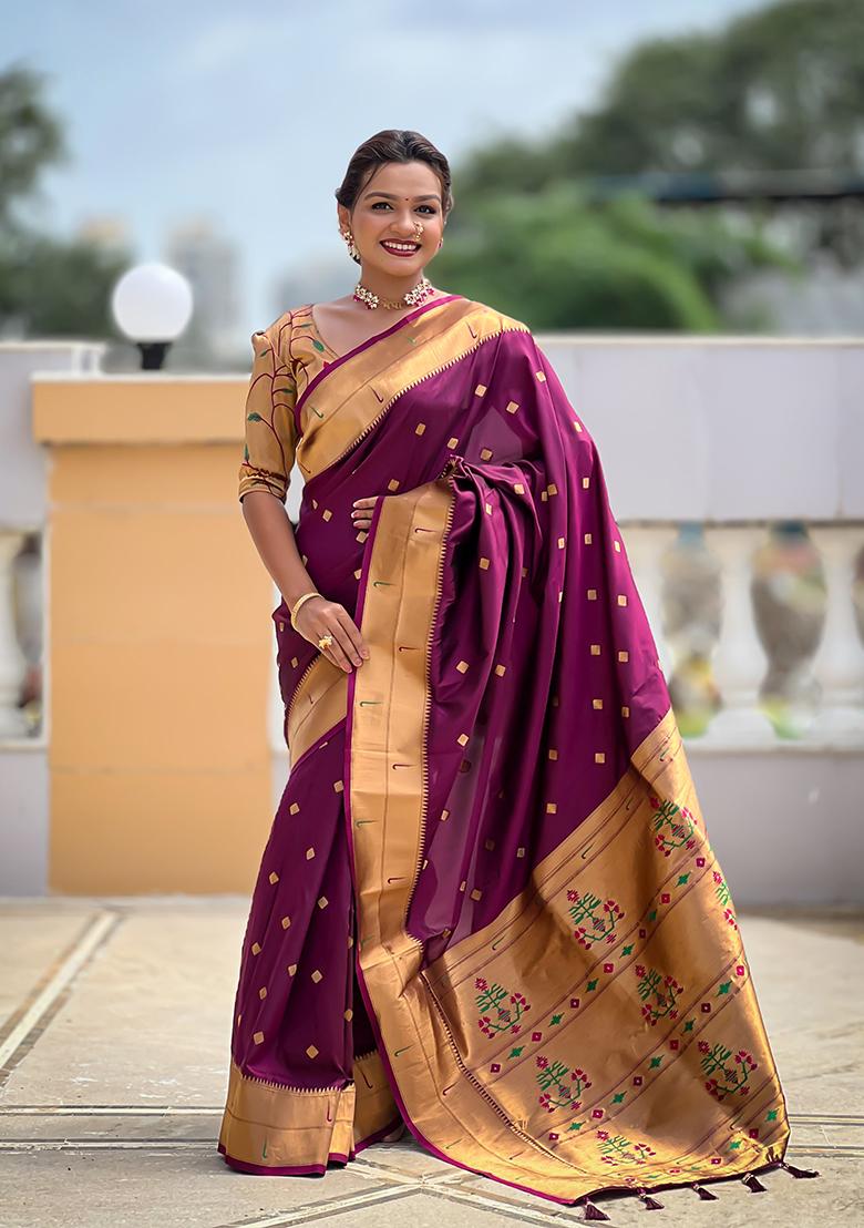 Wine Woven Silk Saree Set - Indya