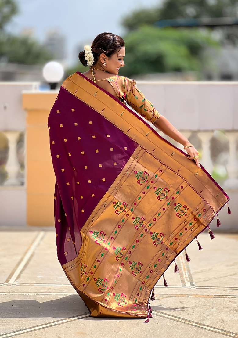 Wine Woven Silk Blend Saree Set for Diwali and Festive Wear - Indya
