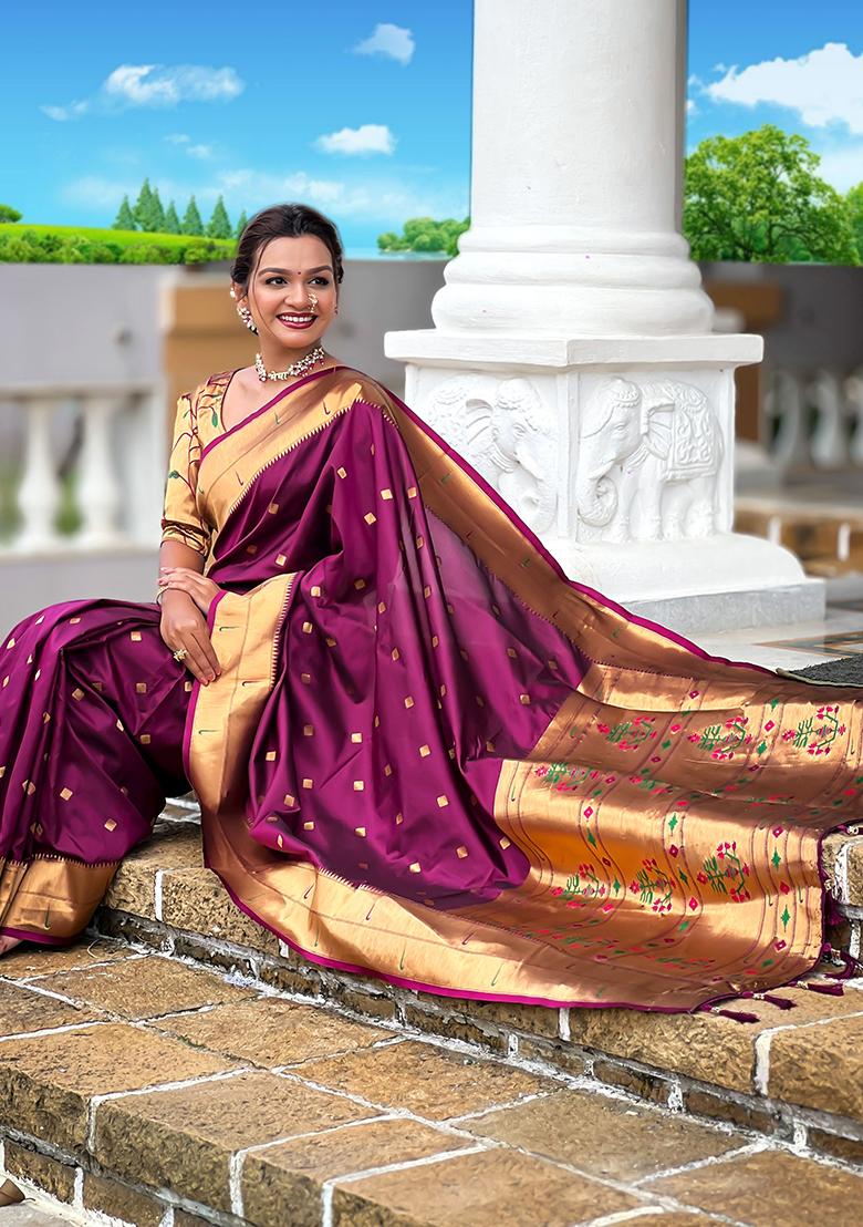 Wine Woven Silk Saree Set - Indya