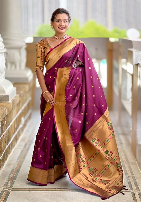 Wine Woven Silk Saree Set