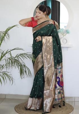 Green Woven Silk Saree Set