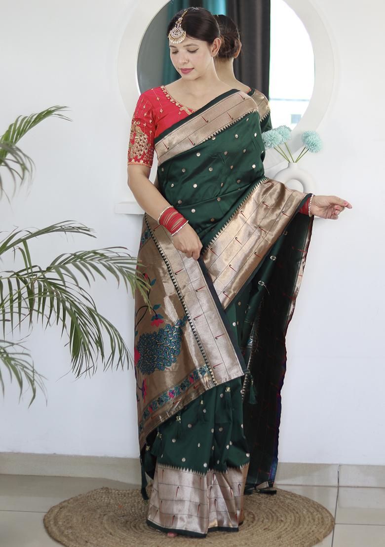 Green Woven Silk Saree Set - Indya