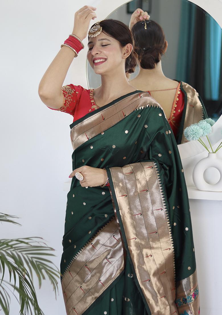Green Woven Silk Saree Set - Indya