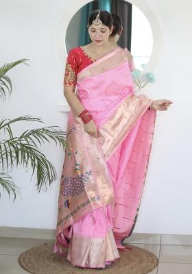 Pink Woven Silk Saree Set