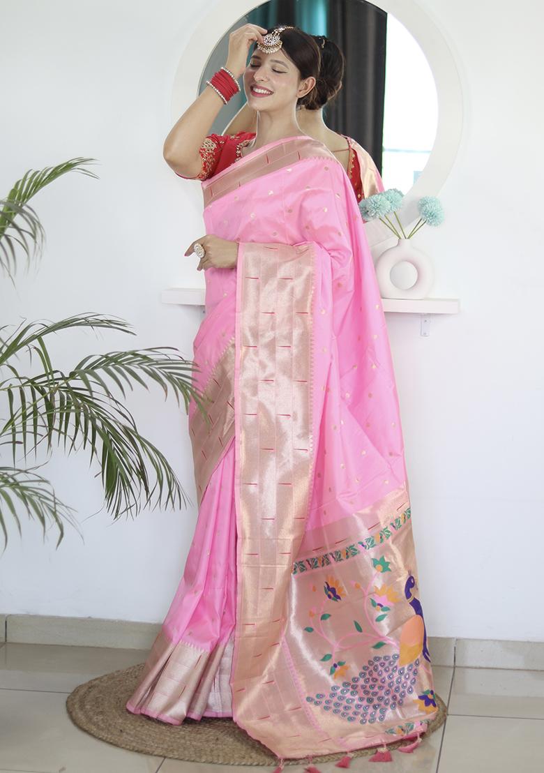 Pink Woven Silk Saree Set - Indya