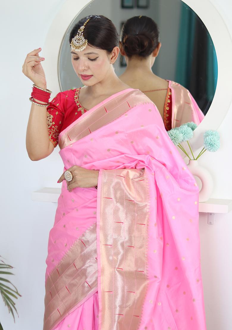 Pink Woven Silk Saree Set - Indya