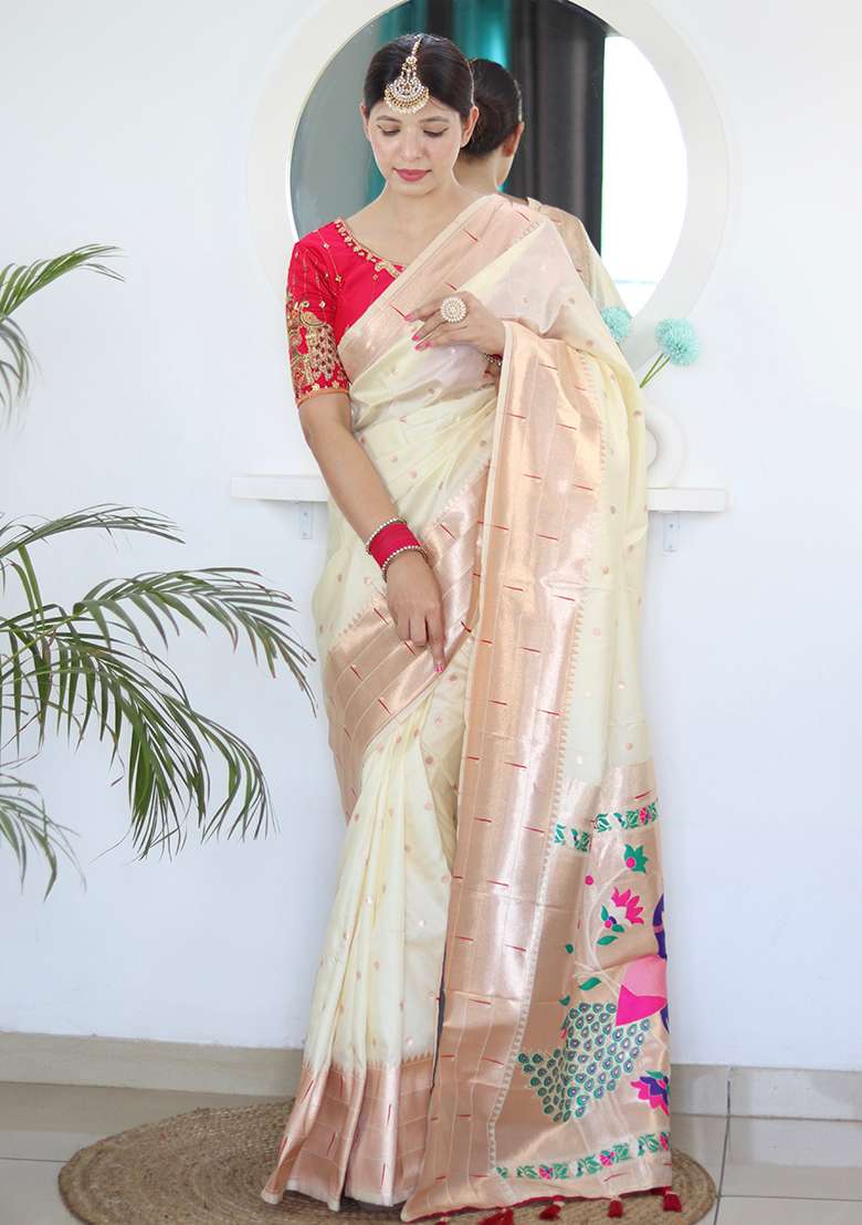 Cream Woven Silk Blend Saree Set for Diwali | Wedding & Festive Wear - Indya