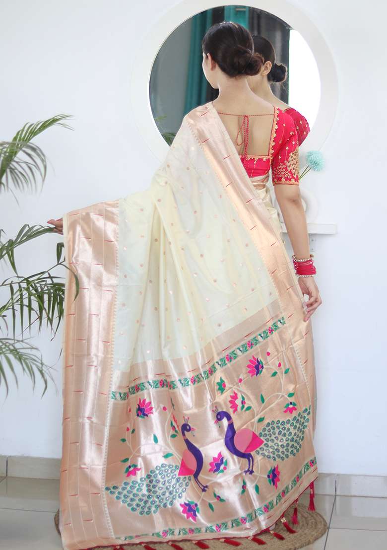Cream Woven Silk Blend Saree Set for Diwali | Wedding & Festive Wear - Indya