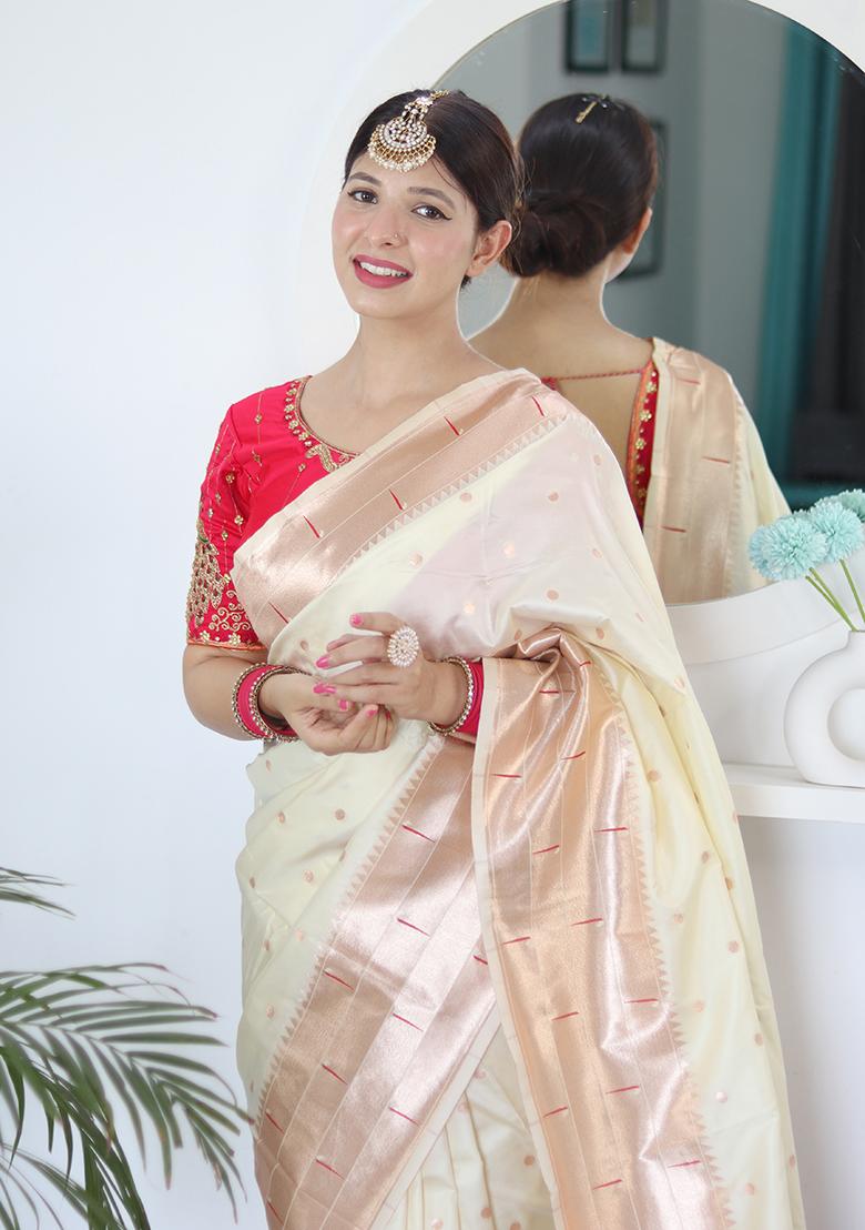 Cream Woven Silk Saree Set - Indya