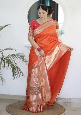Orange Woven Silk Saree Set