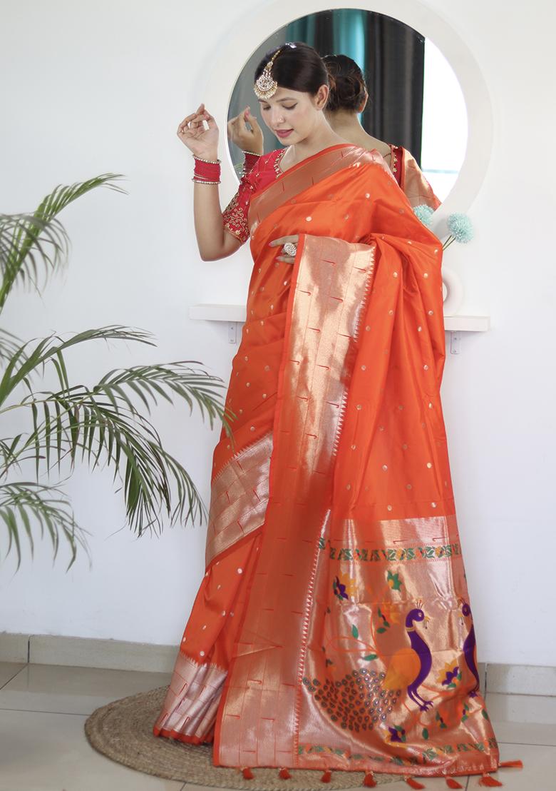 Orange Woven Silk Saree Set - Indya