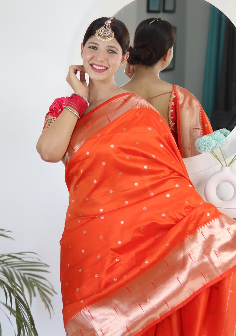 Orange Woven Silk Saree Set - Indya