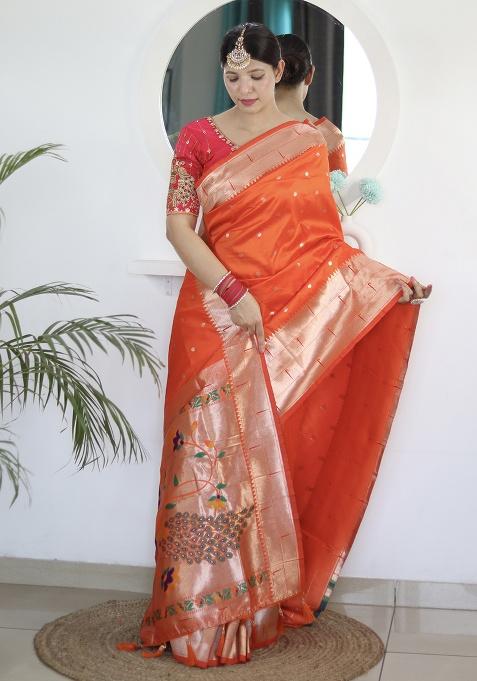 Orange Woven Silk Saree Set