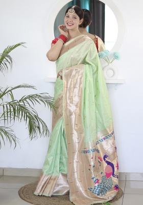 Pista Woven Silk Saree Set