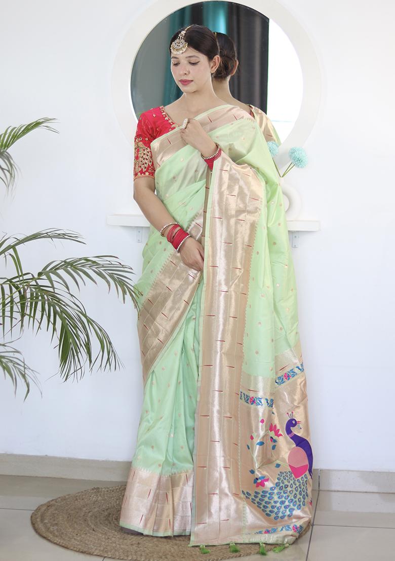 Pista Woven Silk Saree Set - Indya
