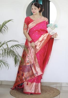 Pink Woven Silk Saree Set