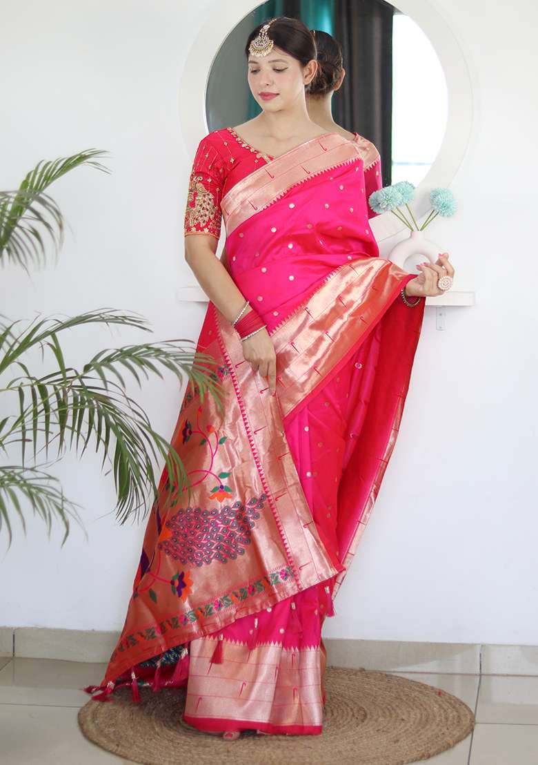 Pink Woven Silk Blend Saree Set for Diwali | Wedding & Festive Wear - Indya