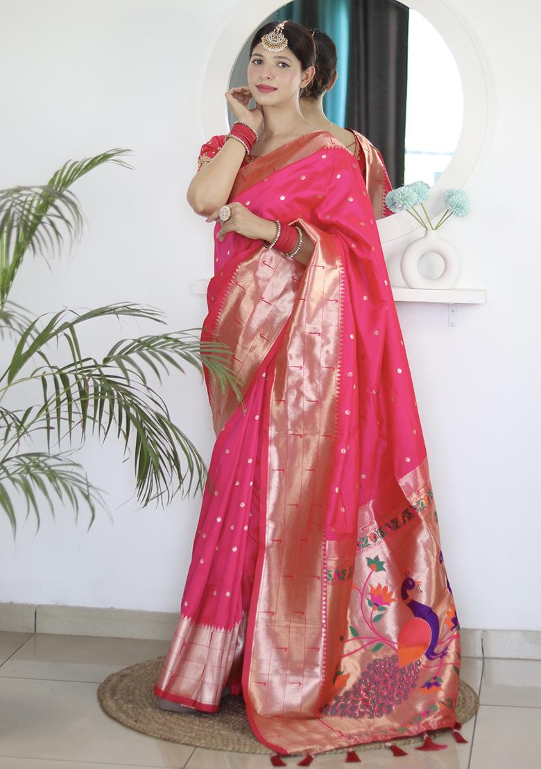 Pink Woven Silk Saree Set - Indya