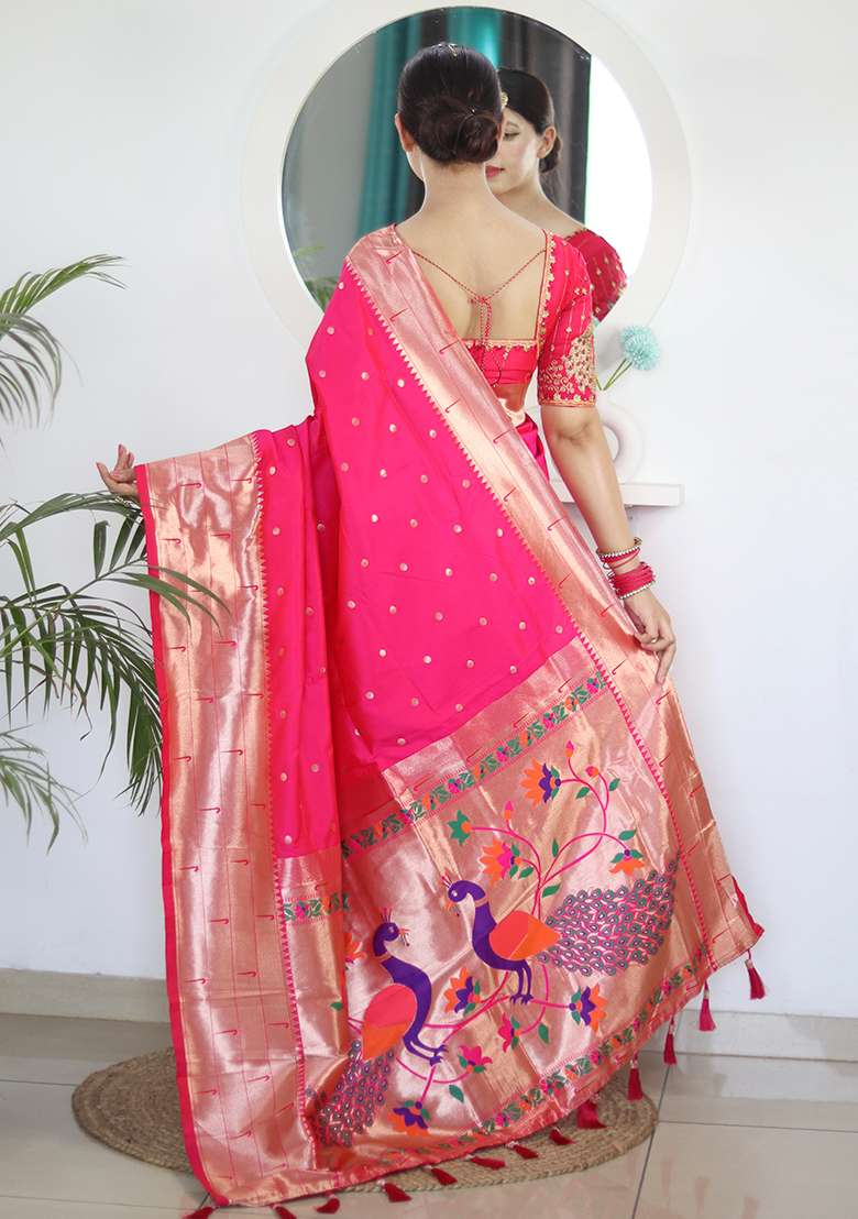 Pink Woven Silk Blend Saree Set for Diwali | Wedding & Festive Wear - Indya