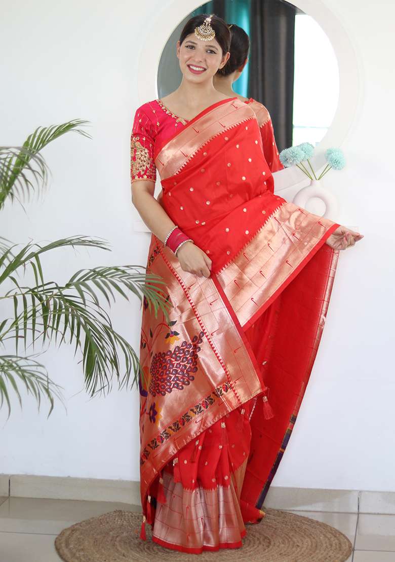 Red Woven Silk Blend Saree Set for Diwali | Wedding & Festive Wear - Indya