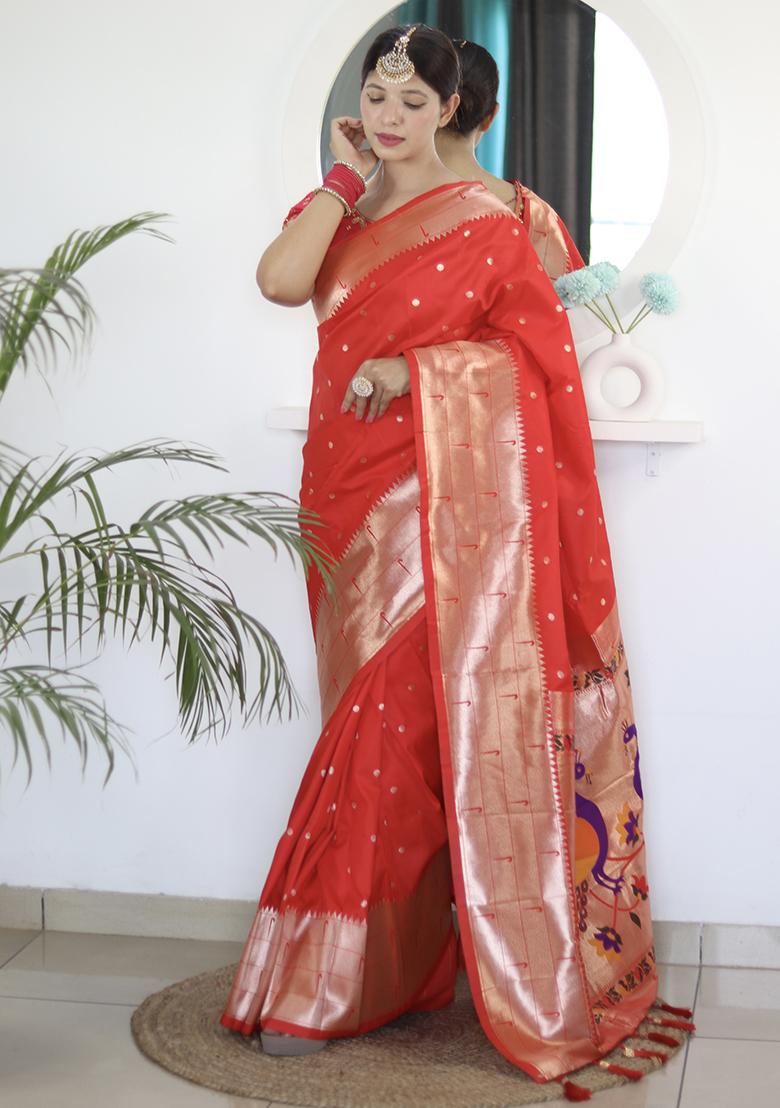 Red Woven Silk Saree Set - Indya
