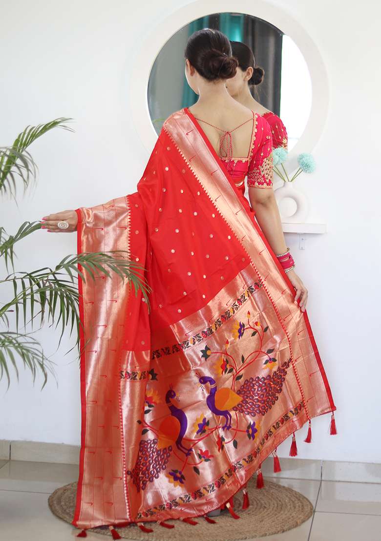 Red Woven Silk Blend Saree Set for Diwali | Wedding & Festive Wear - Indya