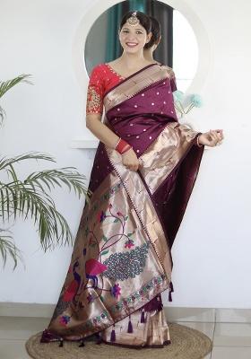 Wine Woven Silk Saree Set