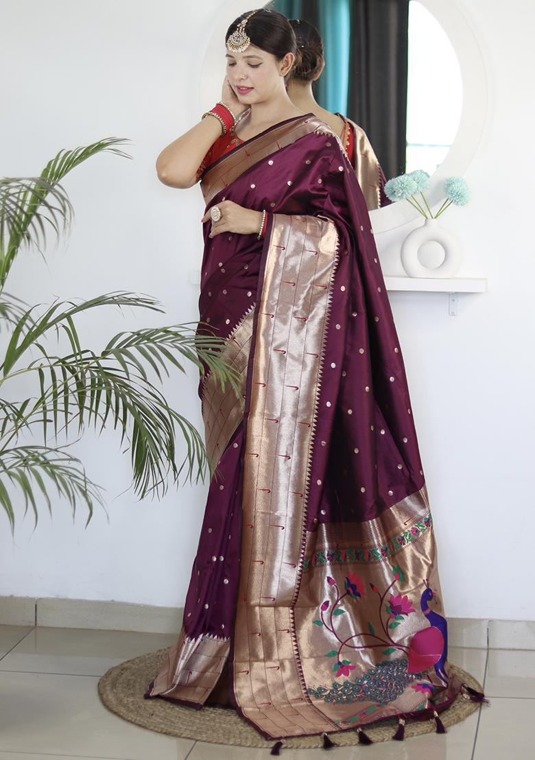 Wine Woven Silk Saree Set - Indya