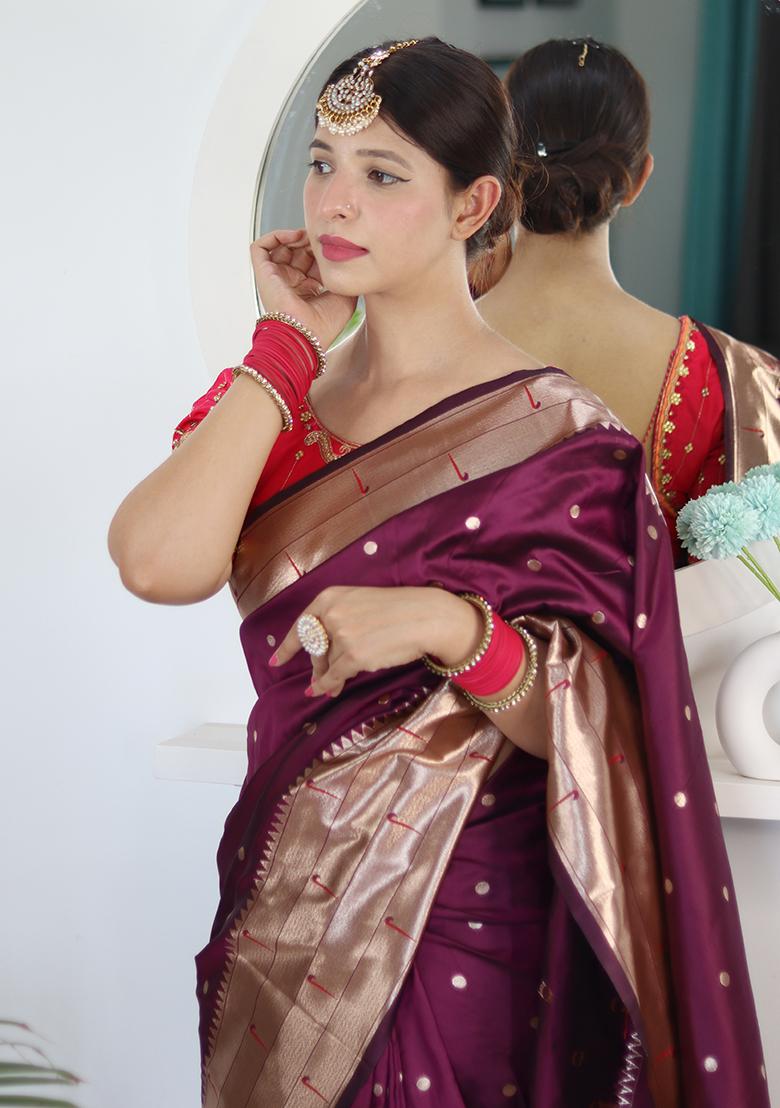 Wine Woven Silk Saree Set - Indya