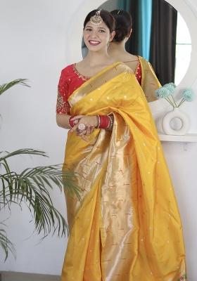 Yellow Woven Silk Saree Set