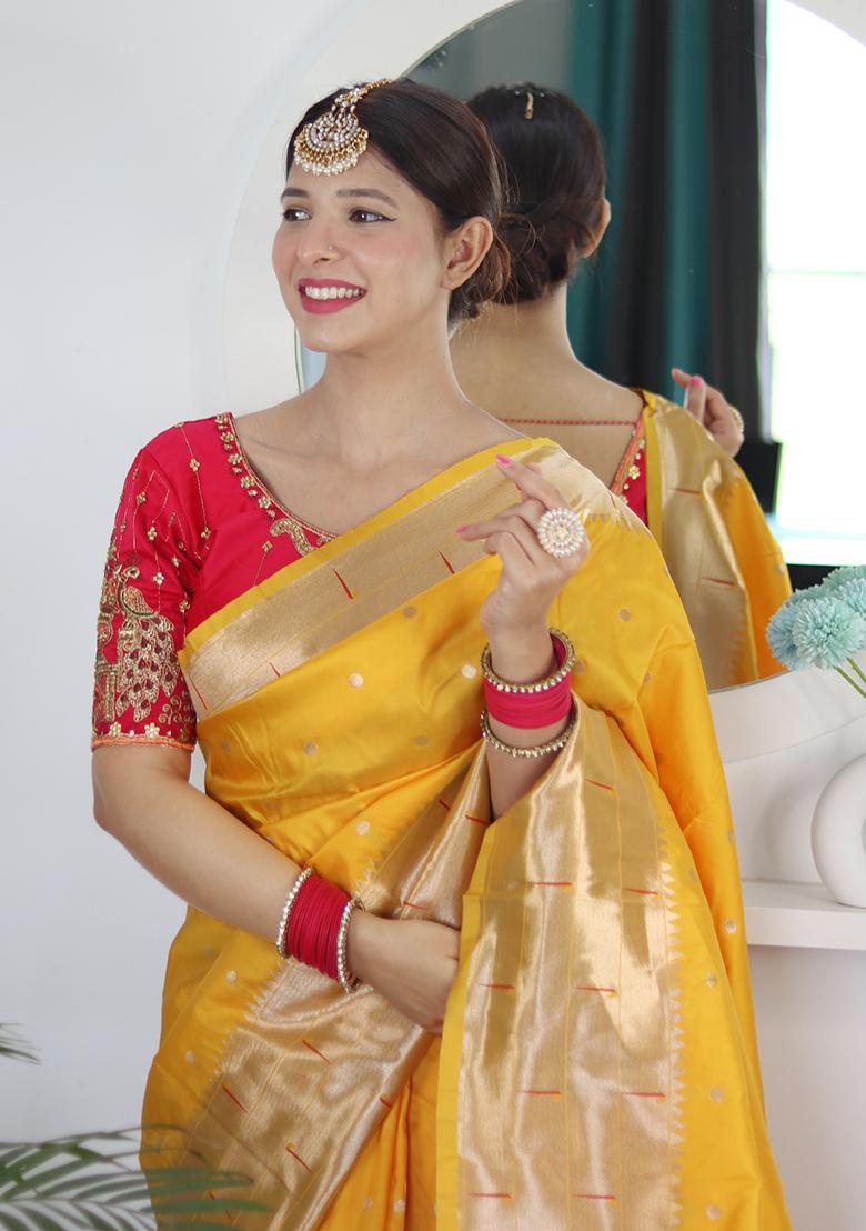 Yellow Woven Silk Saree Set - Indya