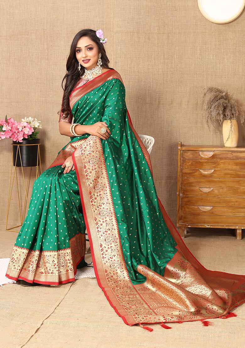 Green Woven Silk Saree Set - Indya