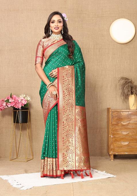 Green Woven Silk Saree Set