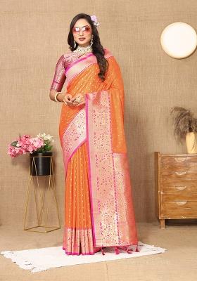 Orange Woven Silk Saree Set