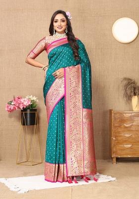 Rama Blue Woven Silk Saree Set