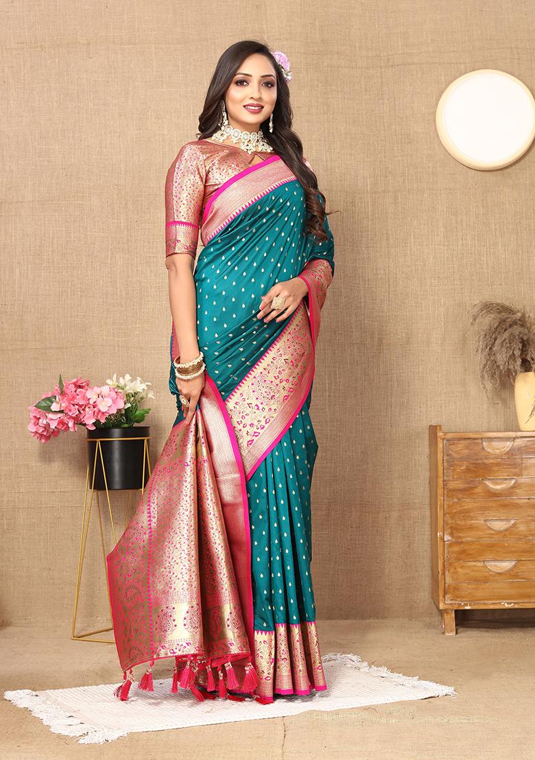 Rama Blue Woven Silk Saree Set - Indya