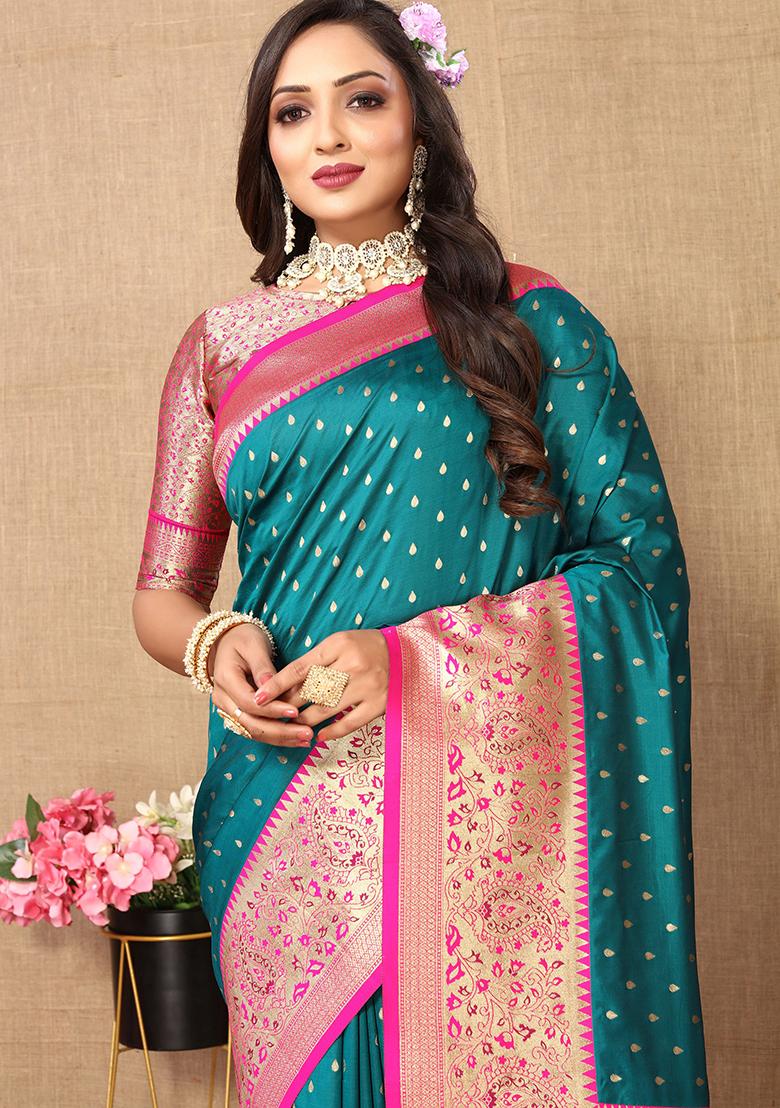 Rama Blue Woven Silk Saree Set - Indya